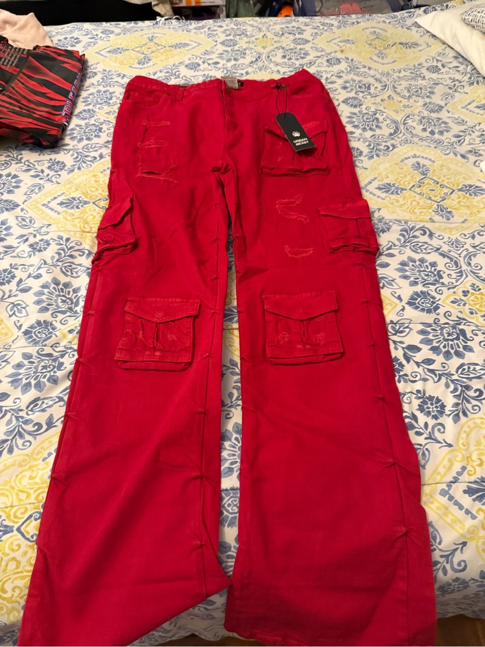 Urban Beast Men’s Red Cargo Pants with Patch Pockets